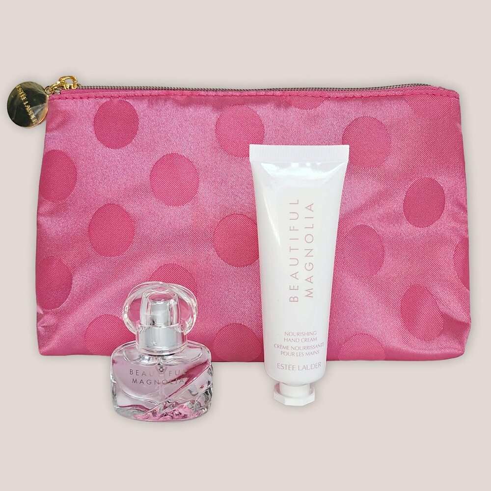 NEW Estée Lauder Beautiful Magnolia 3-Pc Gift Set Mini EDP + Hand Cream + Bag